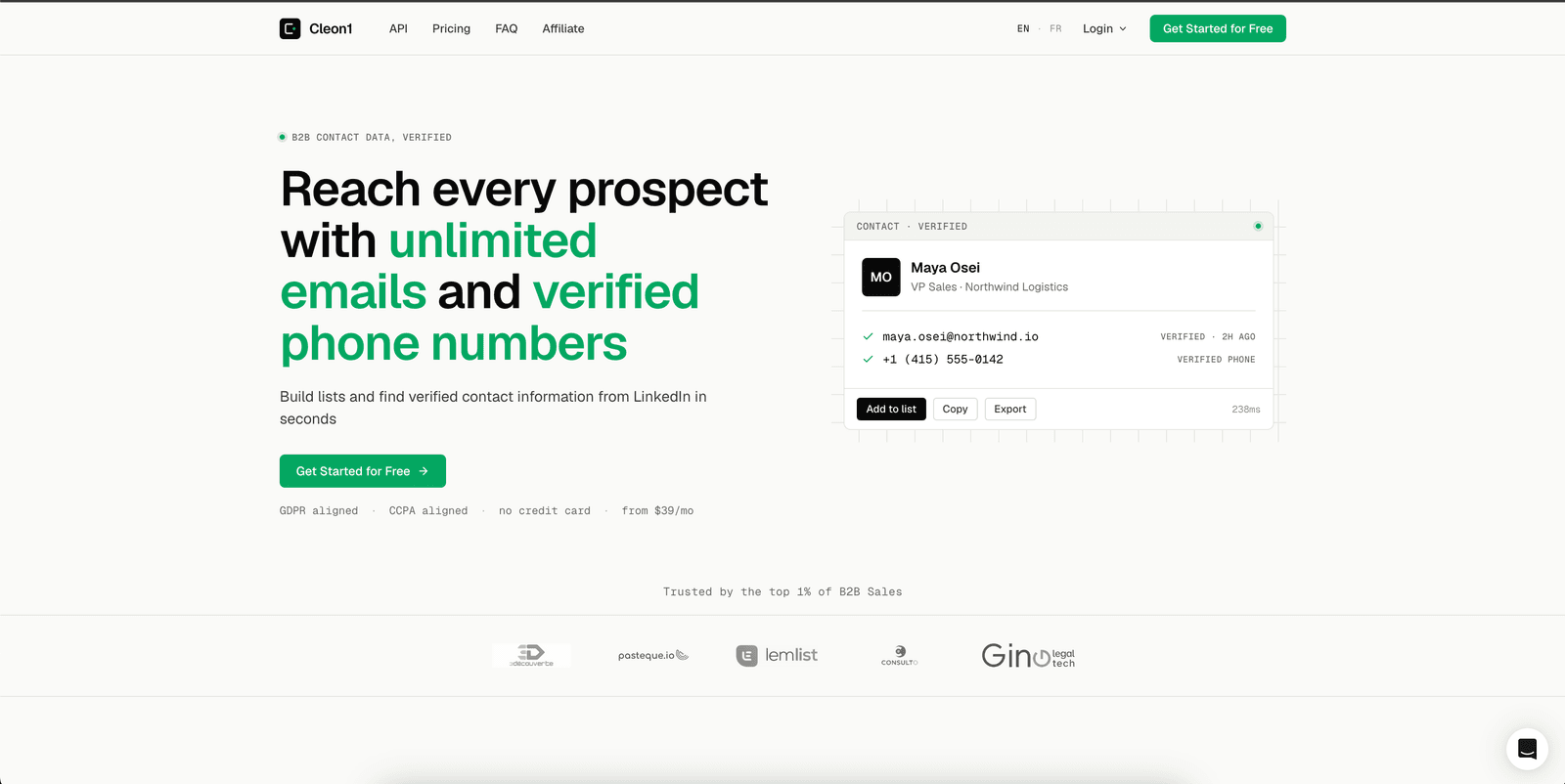 Cleon1 landing page showing verified B2B emails and phone numbers for LinkedIn prospecting
