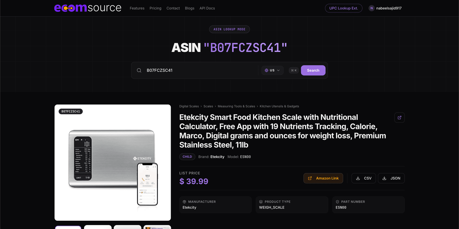 Ecomsource AI dashboard showing ASIN and UPC product lookup with variants, images, and pricing data