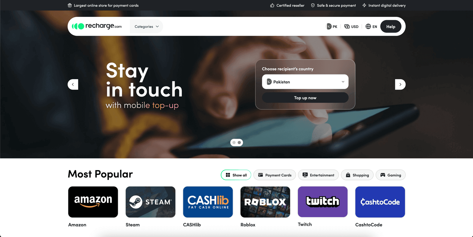 Recharge.com mobile utility app and web dashboard showing topups, bill payments, and coupons