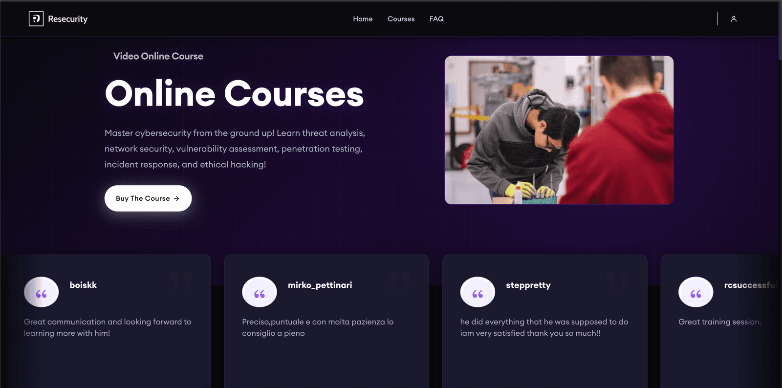 Resecurity Cybersecurity Academy LMS dashboard with course catalog, quizzes, and university administration