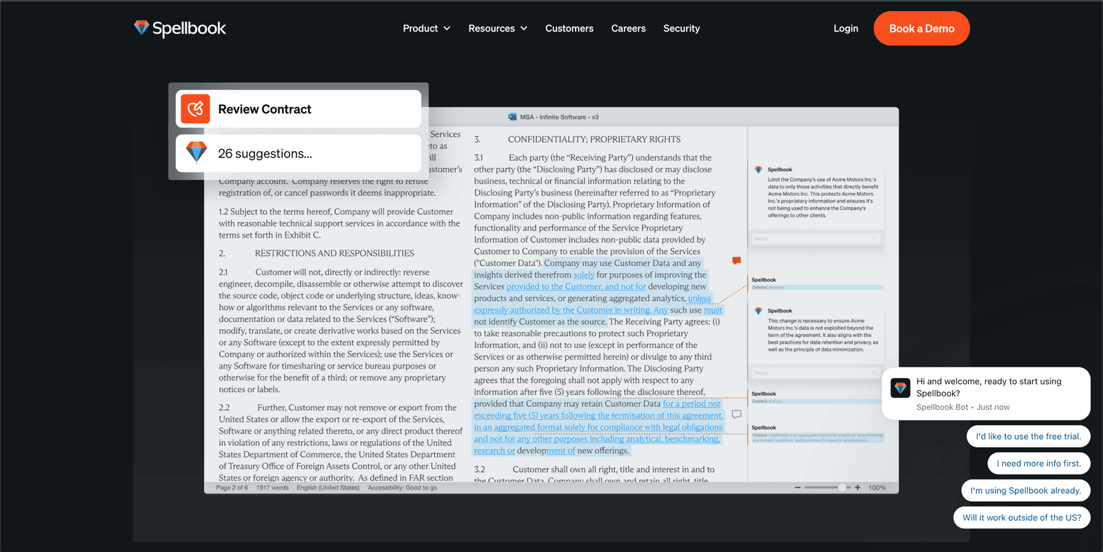 Spellbook Legal AI Platform dashboard showing contract review and AI-powered drafting interface