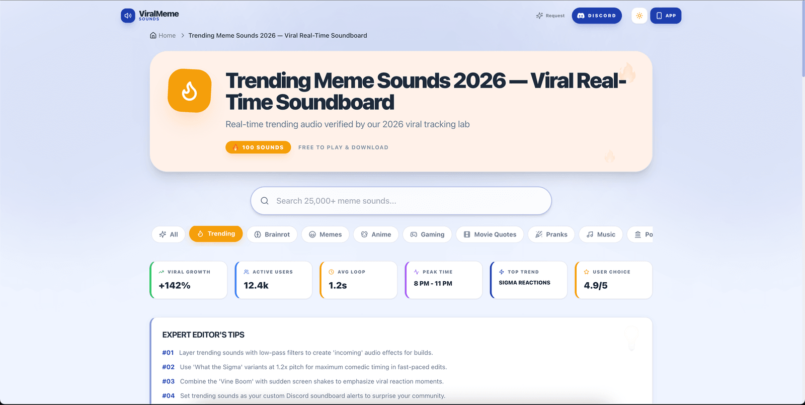 Viral Meme Sound soundboard website showing trending meme sounds with play and download controls