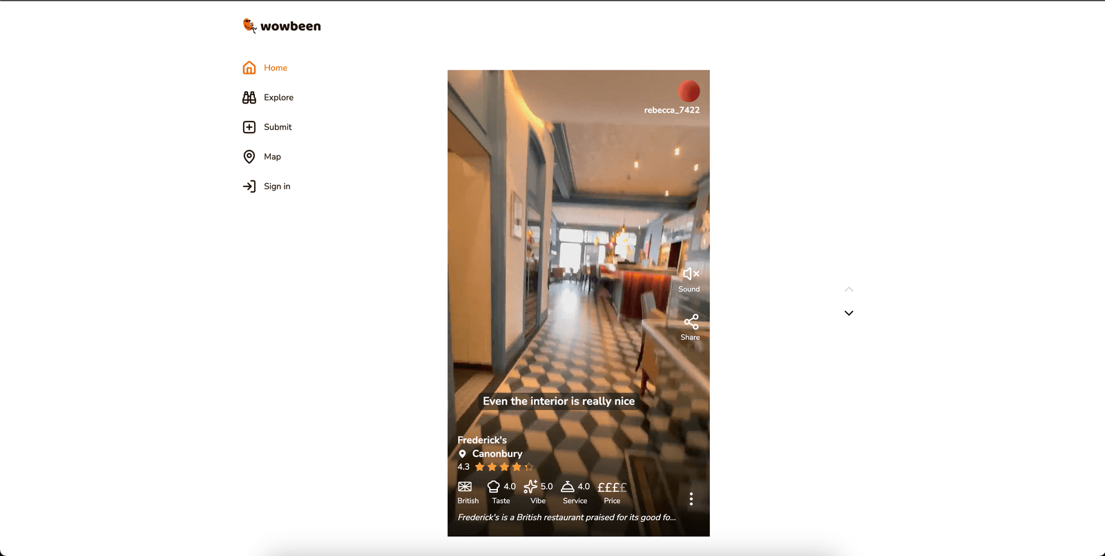 Wowbeen mobile social feed showing video reviews of hotels and restaurants with star ratings